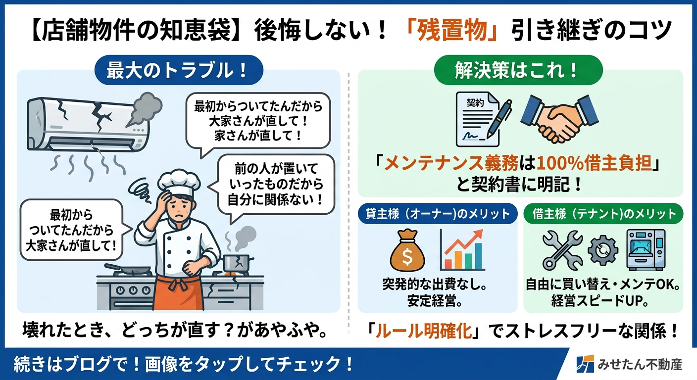  【店舗物件の知恵袋】後悔しない店舗契約のコツ！「残置物（設備）」を引き継ぐときの注意点とは？