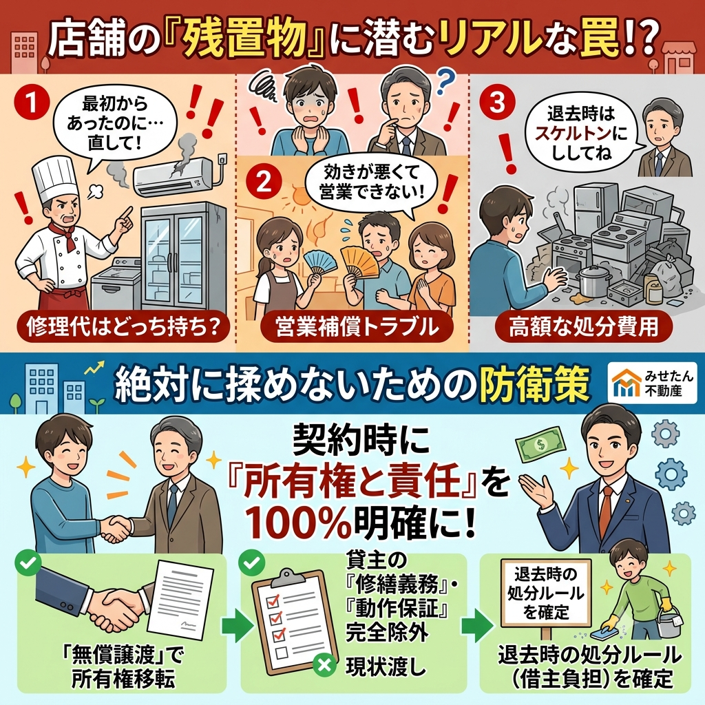 ​ 【店舗物件の知恵袋】タダでも要注意！？店舗の「残置物（設備）」に潜むリアルな罠と、絶対に揉めないための防衛策